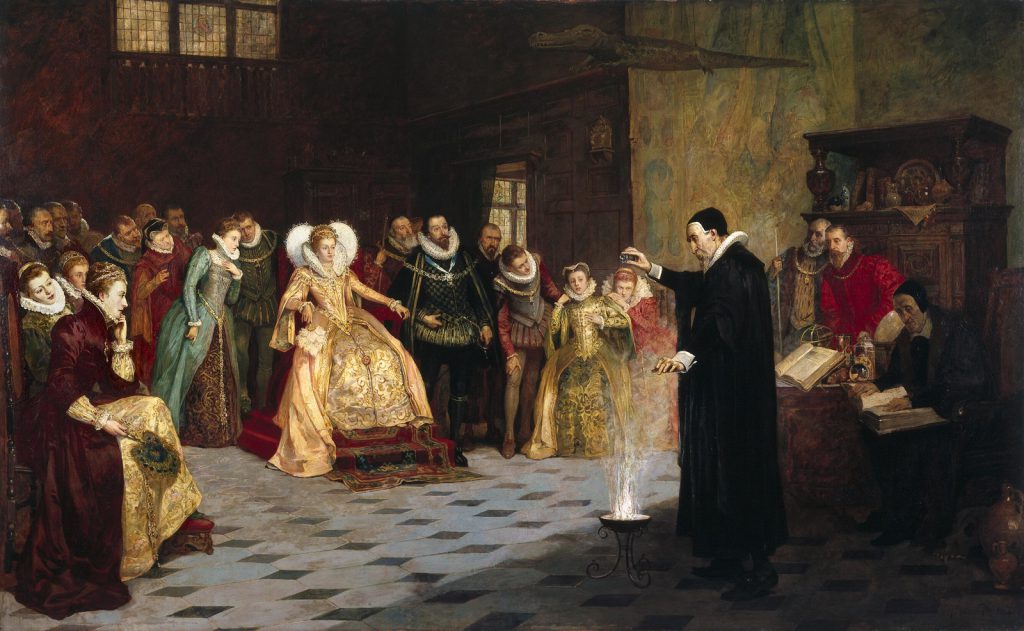 Oil painting of John Dee performing a scientific experiment in front of Quenn Elizabeth and courtiers