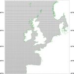Diagram of a mesh grid sytem over the British Isles commonly used for modern storm surge modelling