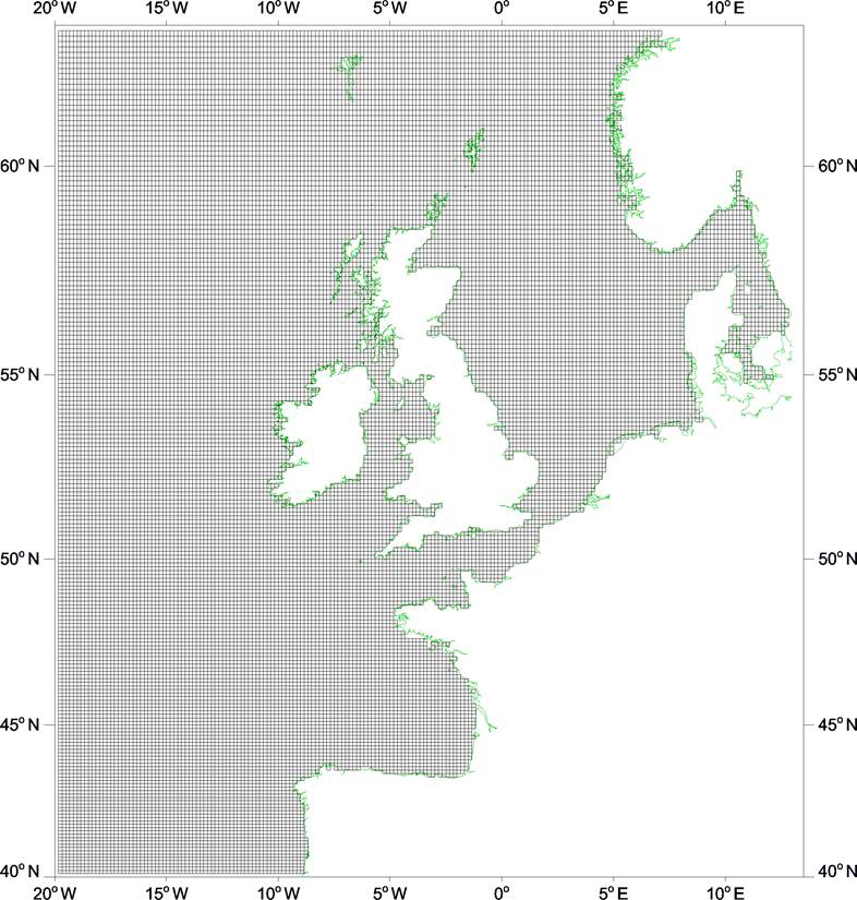 Diagram of a mesh grid sytem over the British Isles commonly used for modern storm surge modelling