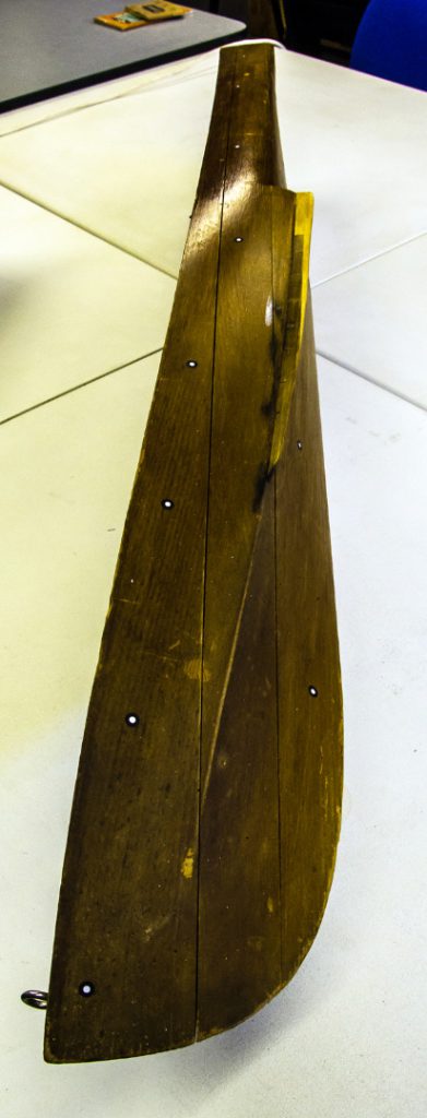 Colour photograph of an original wooden scale model of a coastal motor boat