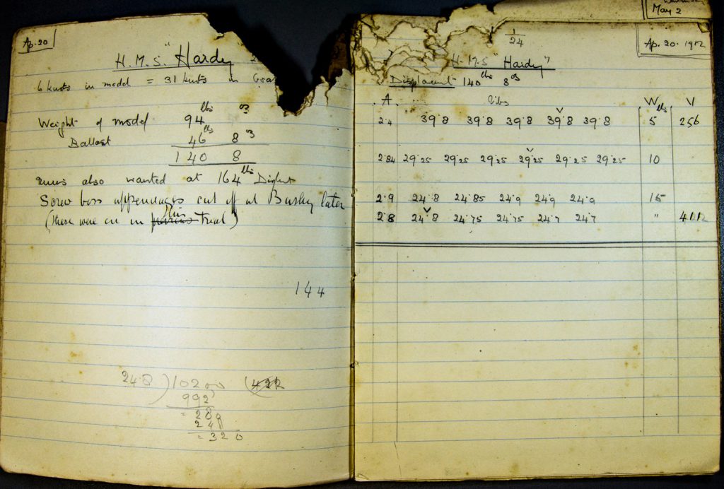 A notebook with records of the testing of boat hull design