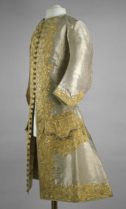 Colour photograph of a finely embroidered dress suit made for the coronation of Peter 2 of Russia