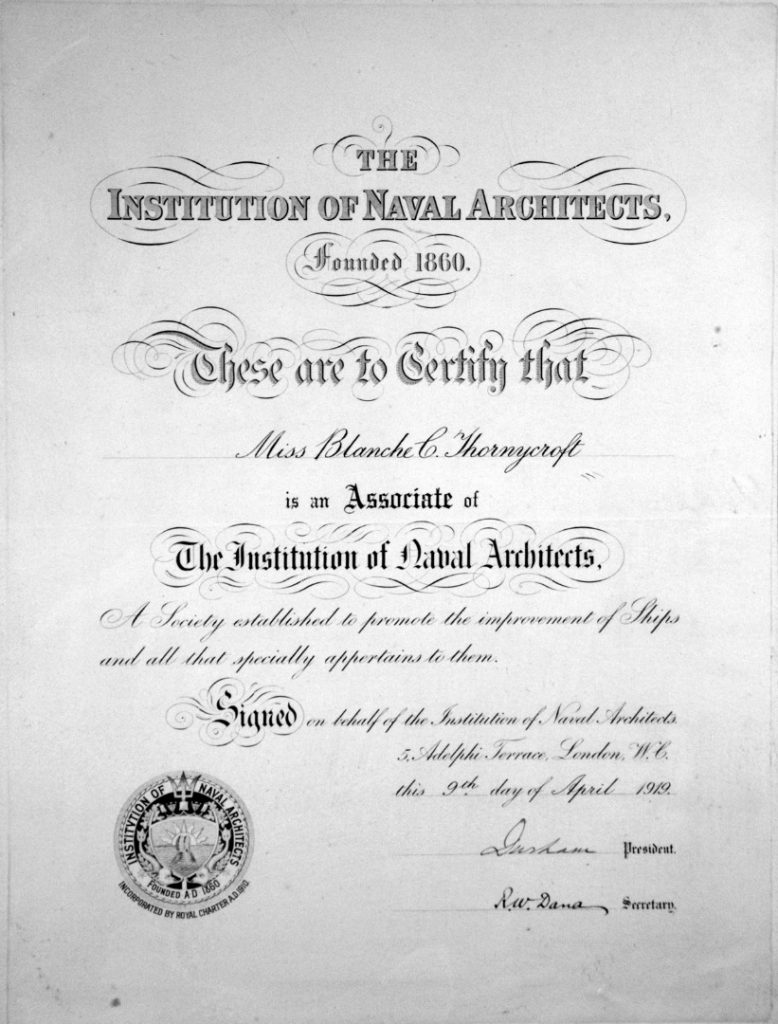 A certificate declaring that Blanche Thornycroft is an associate of the Institution of Naval Architects