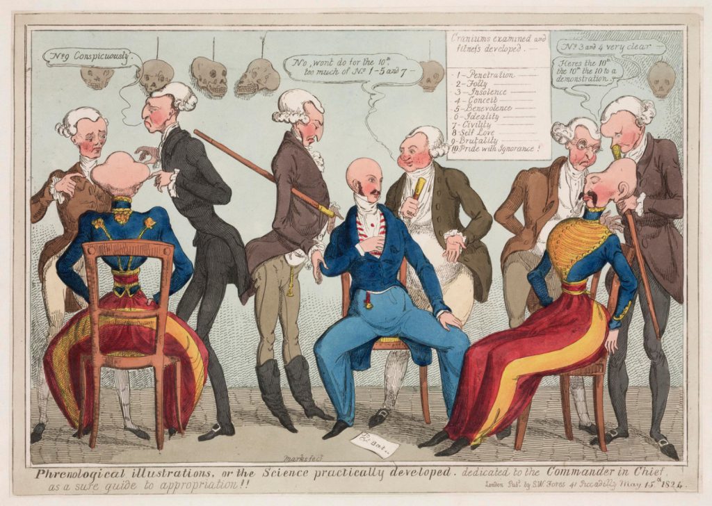 Coloured etching cartoon showing phrenologists examining military personnel