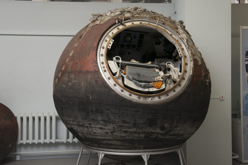 Colour photograph of a spherical soviet descent module