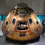 Colour photograph of the Apollo 10 command module on display in the Science Museum London