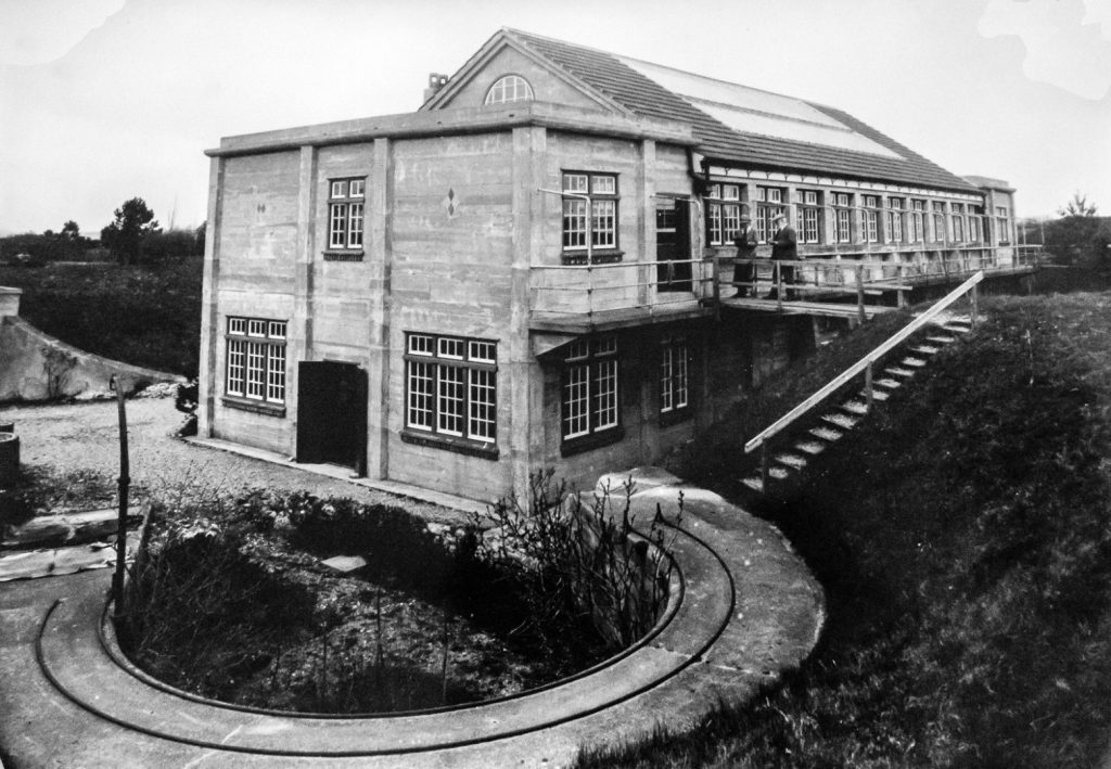Black and white photograph of a test tank facility at Bembridge