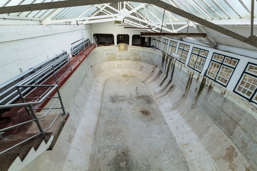 Colour photograph of the interior of a model boat testing water tank facility