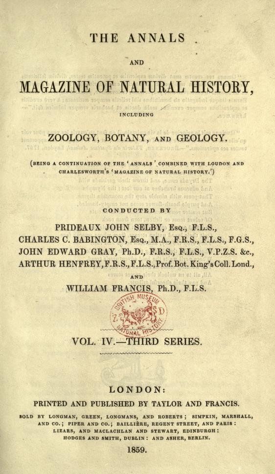 Front page of the Annals and Magazine of Natural History from 1859
