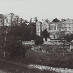 Panoramic black and white photograph of Fountains Hall and surrounding land in North Yorkshire