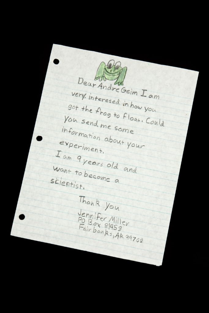 Letter from a nine year old to Andre Geim asking about his floating frog experiment