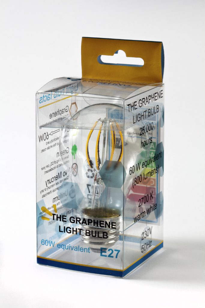 Colour photograph of a graphene lightbulb in box