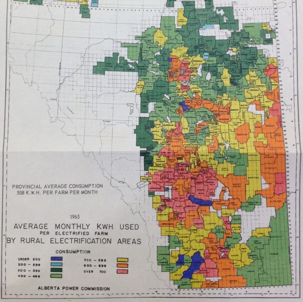 Colour coded Canadian map showing electricity usage per farm in rural areas