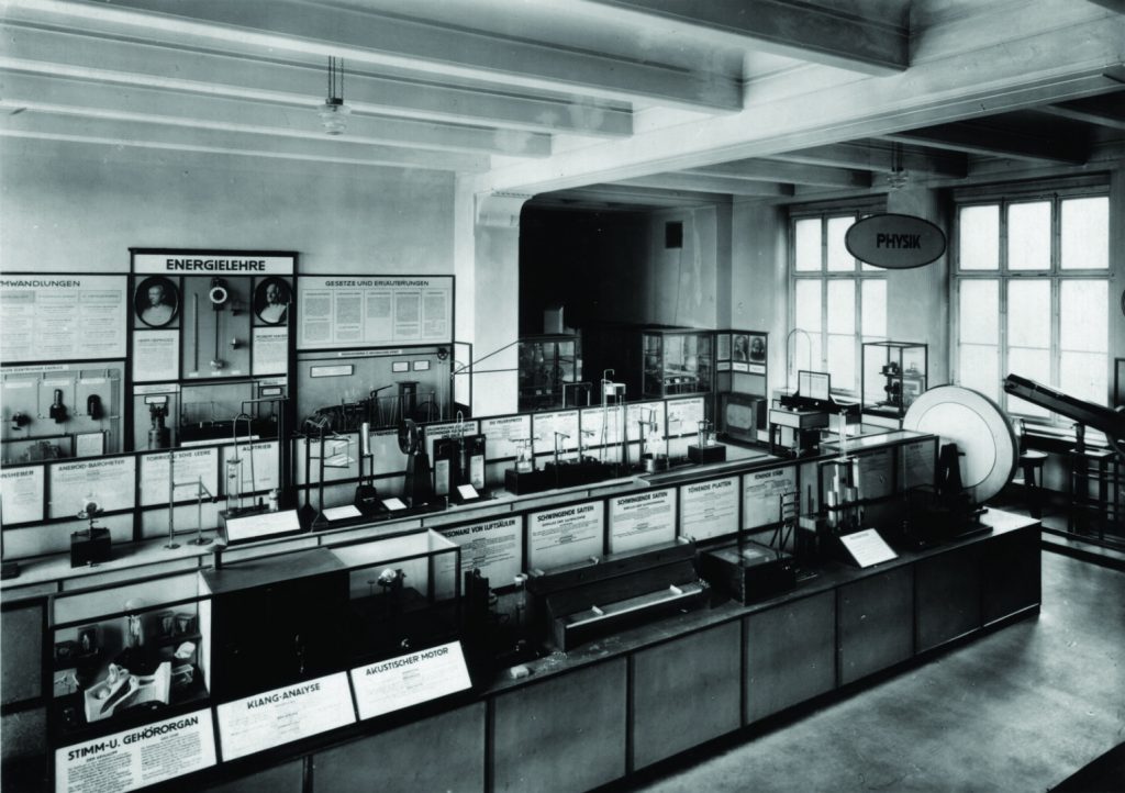 Black and white photograph of a past gallery exhibition within a technical museum