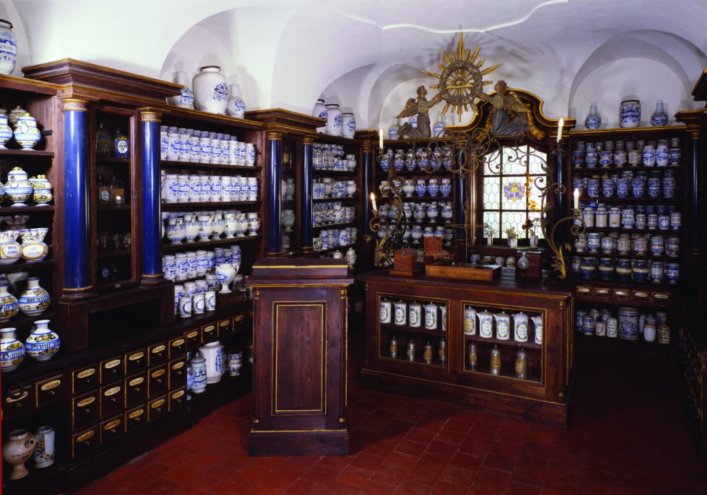 Colour photograph of the recreated diorama of an historic pharmacy