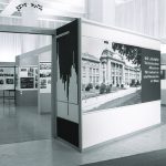 Black and white photograph of an exhibition celebrating fifty years of the Technical Museum in Vienna