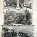 Page of a book displaying plate engravings of scenes of Dove Holes and Dove Dale and Matlck Bath and Haddon Hall and Chatsworth
