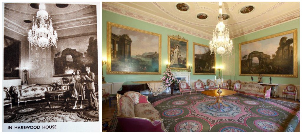 Black and white photograph of visitors in Harewood House music room alongside a modern colour photograph of the same room