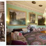 Black and white photograph of visitors in Harewood House music room alongside a modern colour photograph of the same room