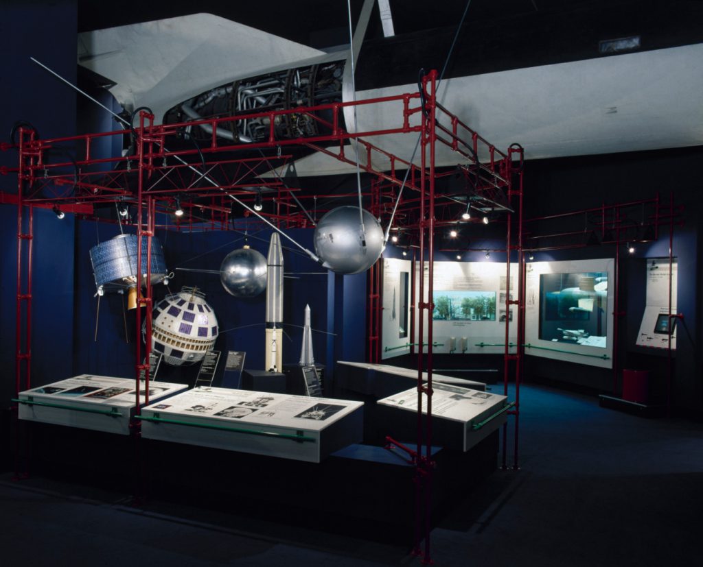 Colour photograph of a section of the space exploration gallery at the Science Museum London