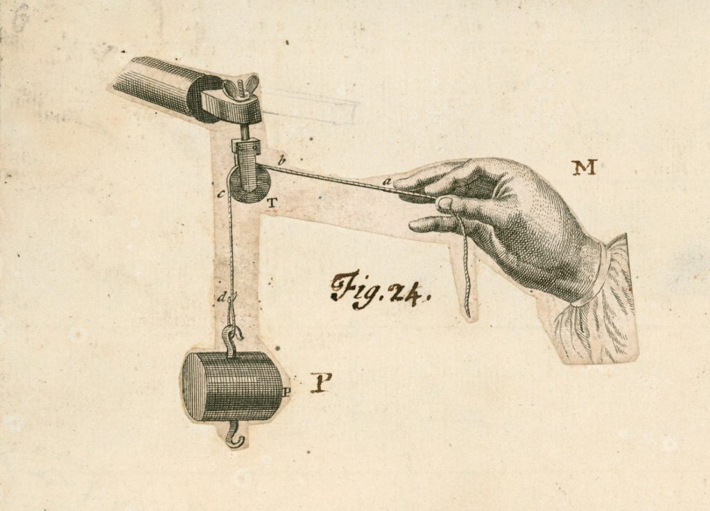 Black and white engraving of a hand holding a string attached to pulley and small weight