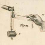 Black and white engraving of a hand holding a string attached to pulley and small weight