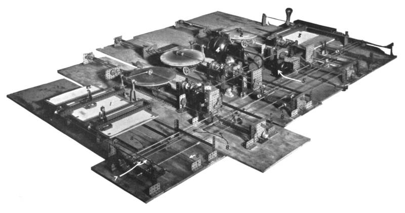 Black and white photograph of a differential analyser meccano model built in 1934