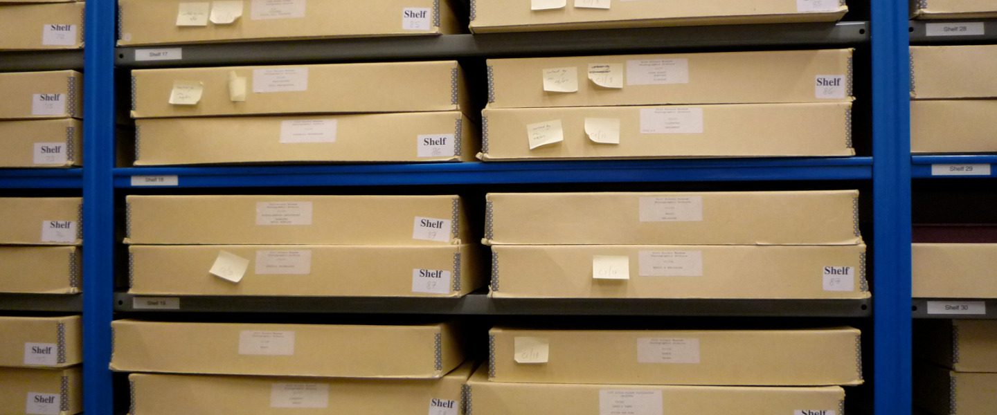 Colour photograph showing shelves of boxes containing photographs