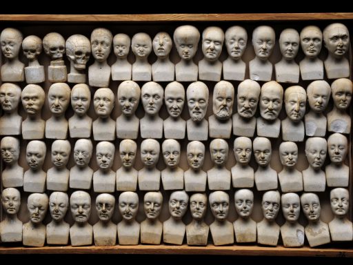 60 miniature phrenology busts displayed in wooden case