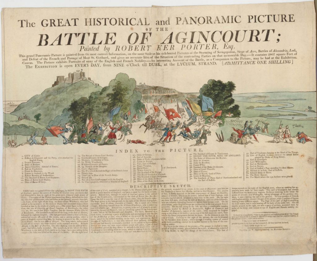 Colour illustrated advertisement for a viewing of a panoramic painting of the Battle of Agincourt
