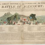 Colour illustrated advertisement for a viewing of a panoramic painting of the Battle of Agincourt