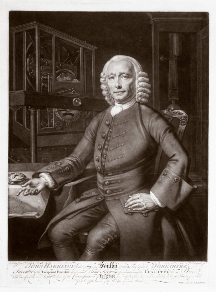 A mezzotint portrait of John Harrison from 1768 with calligraphic writing at the base relating to his interests and achievements