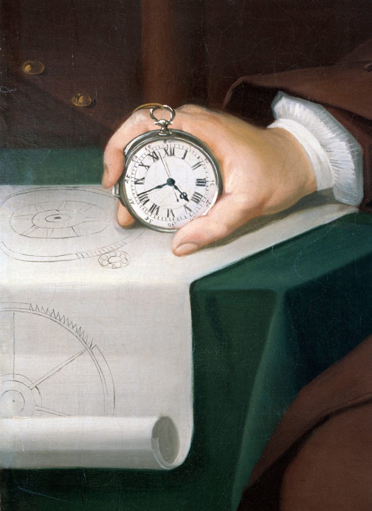 Part of an oil painting portrait of John Harrison showing a close up view of his hand holding his marine chronometer