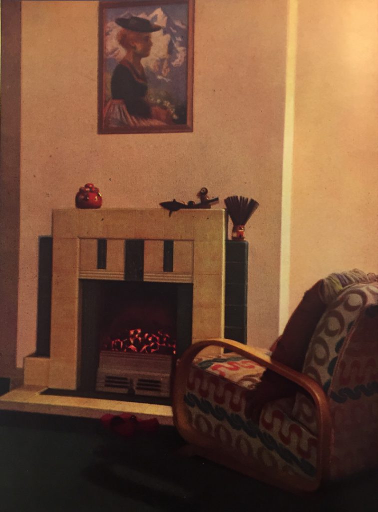 Colour photograph of a living room fireplace with a smokeless hearth