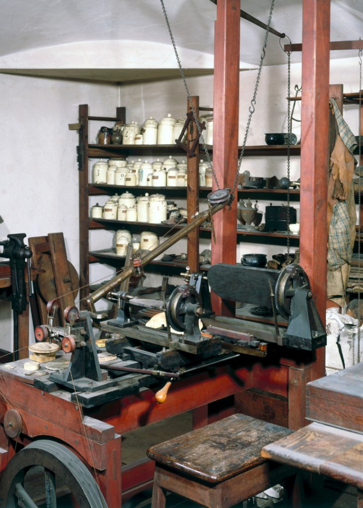 Colour photograph of a view of the interior of the replica of James Watts workshop