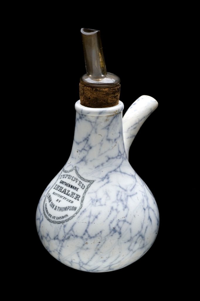 Colour photograph of an Earthenware inhaler invented by Doctor Nelson in 1865