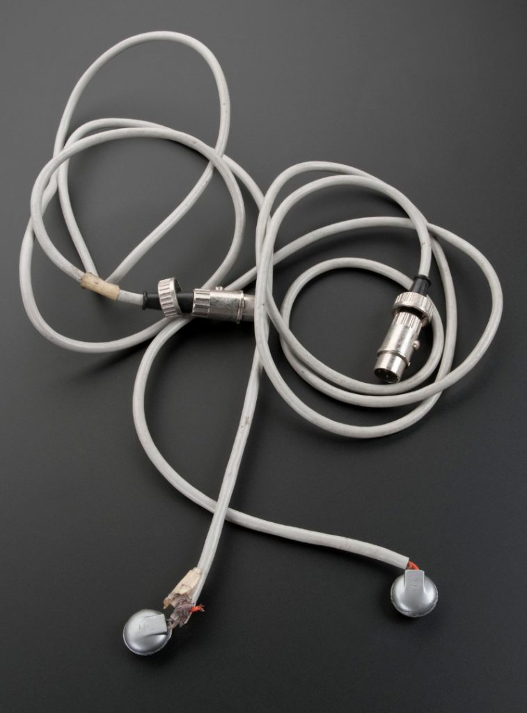 Colour photograph of a pair of contact microphones