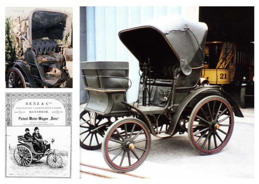 Composite of images of nineteenth century Benz motor car pre and post renovation and an accompanying booklet for the car