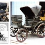 Composite of images of nineteenth century Benz motor car pre and post renovation and an accompanying booklet for the car