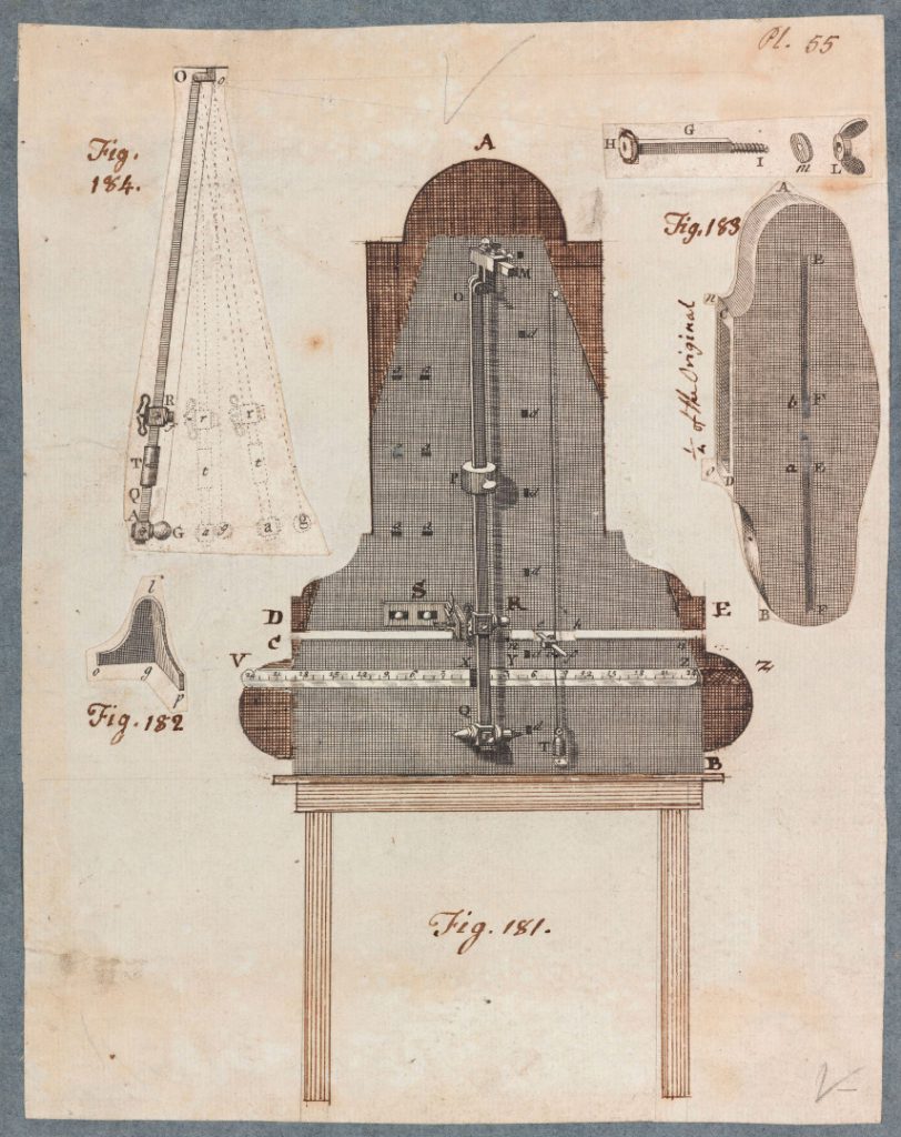 Ink sketch of a wooden instrument for experiments on a pendulum moved by a spring