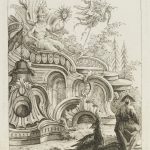 One of seven plates from a suite of rococo designs showing a man on an elaborate throne