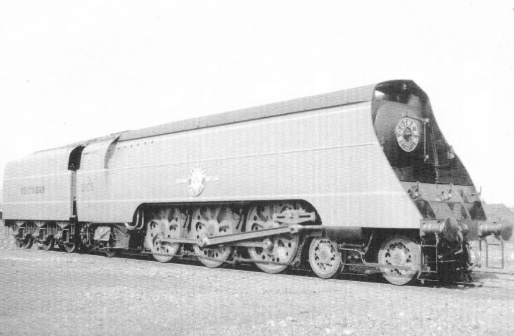 Black and white photograph of a streamlined steam train from 1942