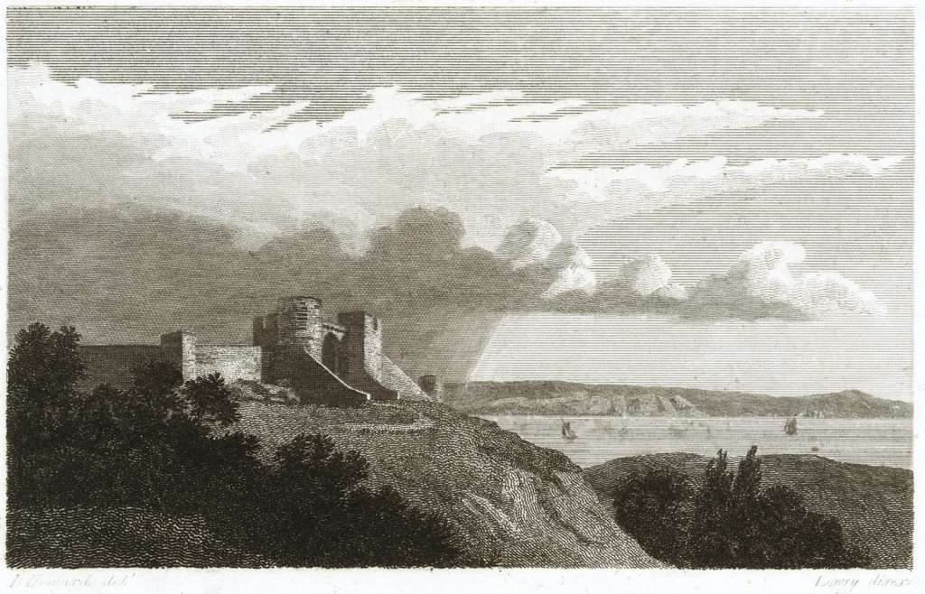 Engraving of a hilltop castle overlooking a lake with a large cloud formation overhead