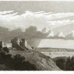 Engraving of a hilltop castle overlooking a lake with a large cloud formation overhead