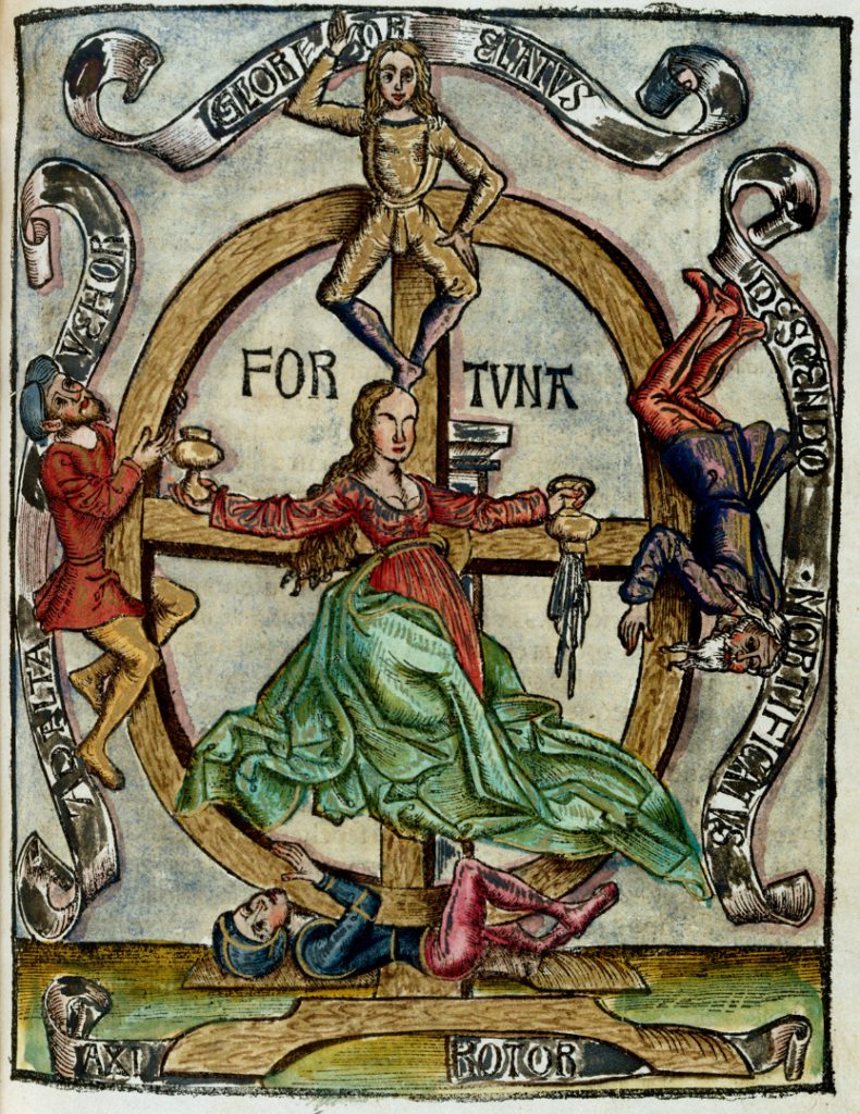 Hand coloured wood cut depicting the lady Fortuna with her wheel
