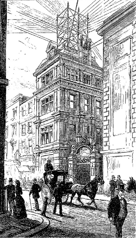Black and white pen and ink drawing of a street scene showing telephone wires high above the buildings from 1883