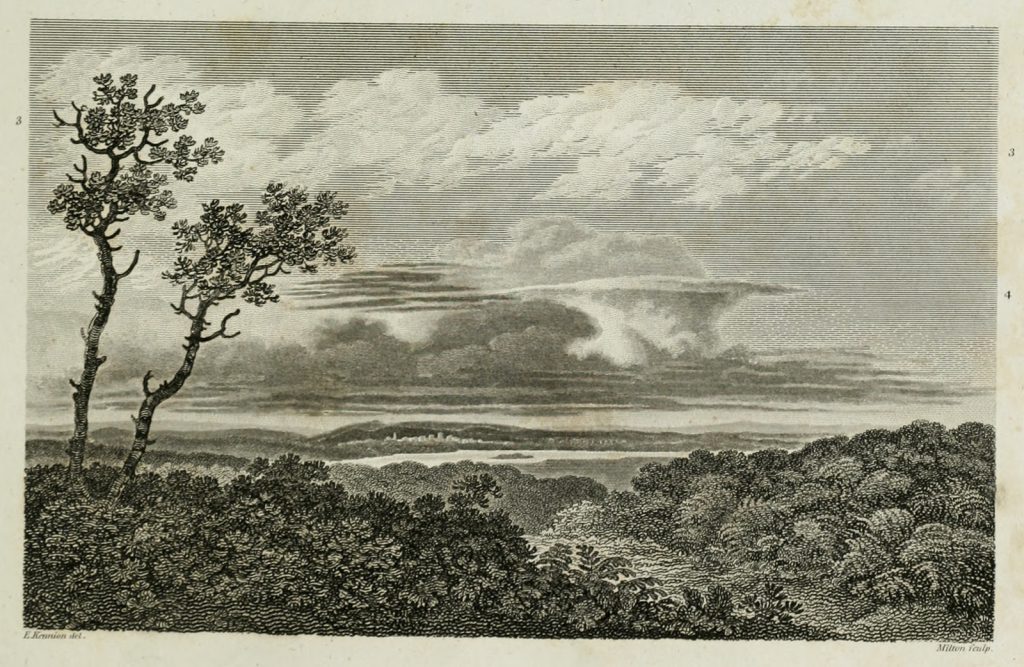 Engraving of a rural landscape with a large cloud formation overhead