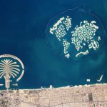 Colour photograph taken from space of the artificial archipelagos created off the coast of Dubai