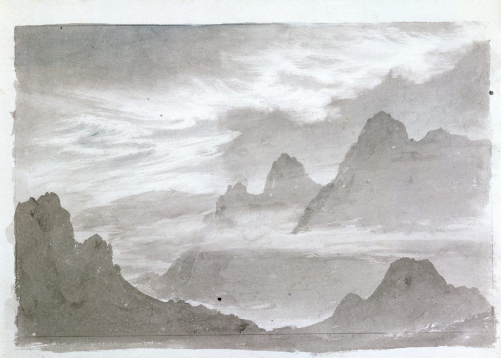 Grey watercolour painting of a cloud formation over mountains