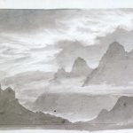 Grey watercolour painting of a cloud formation over mountains